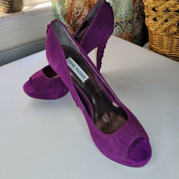 STEVE MADDEN Purple Silver Suade Peep Toe Heels - Picture 8 of 16